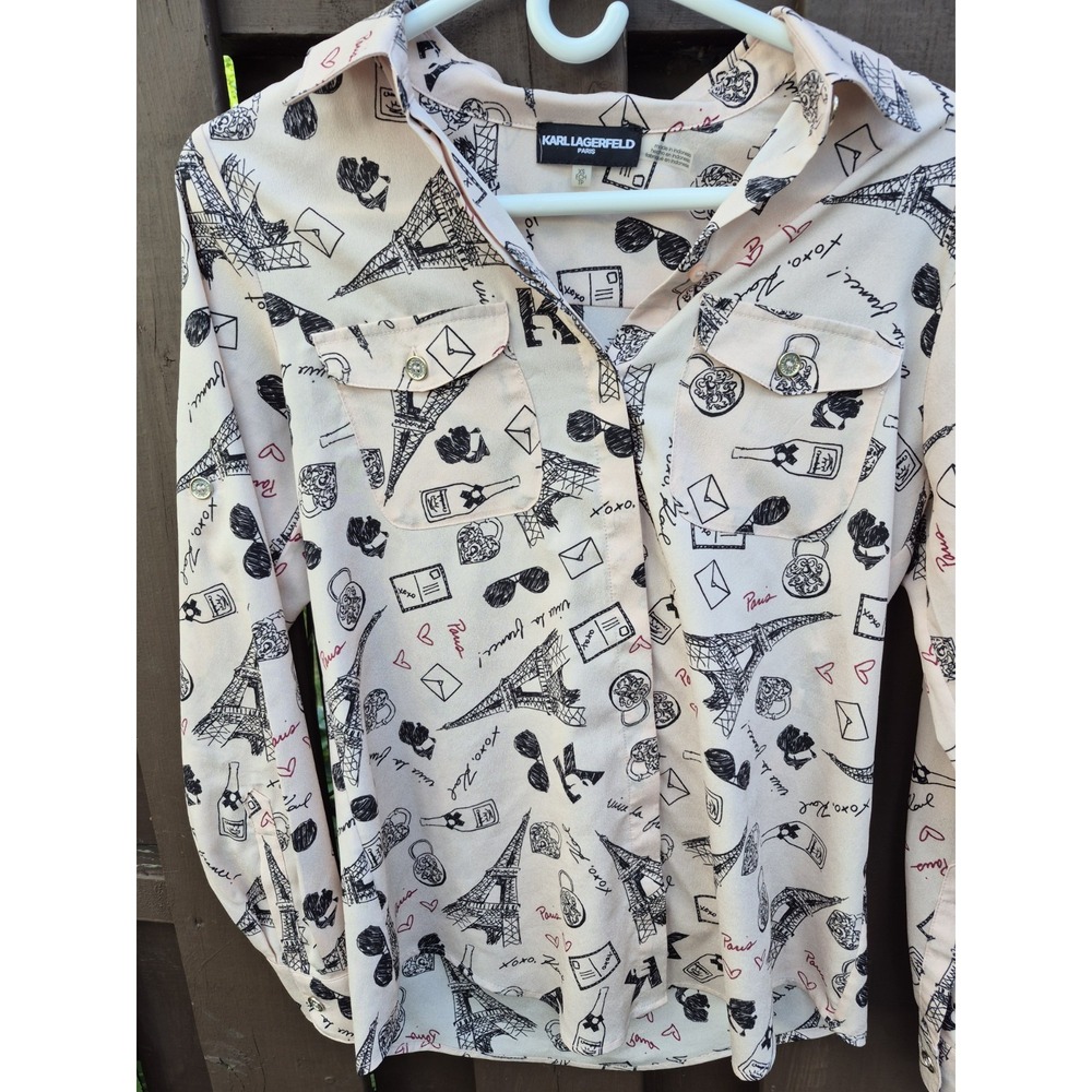 Karl Lagerfeld Blouse Pink Love‎ From Paris Eiffel Tower Size XS EUC